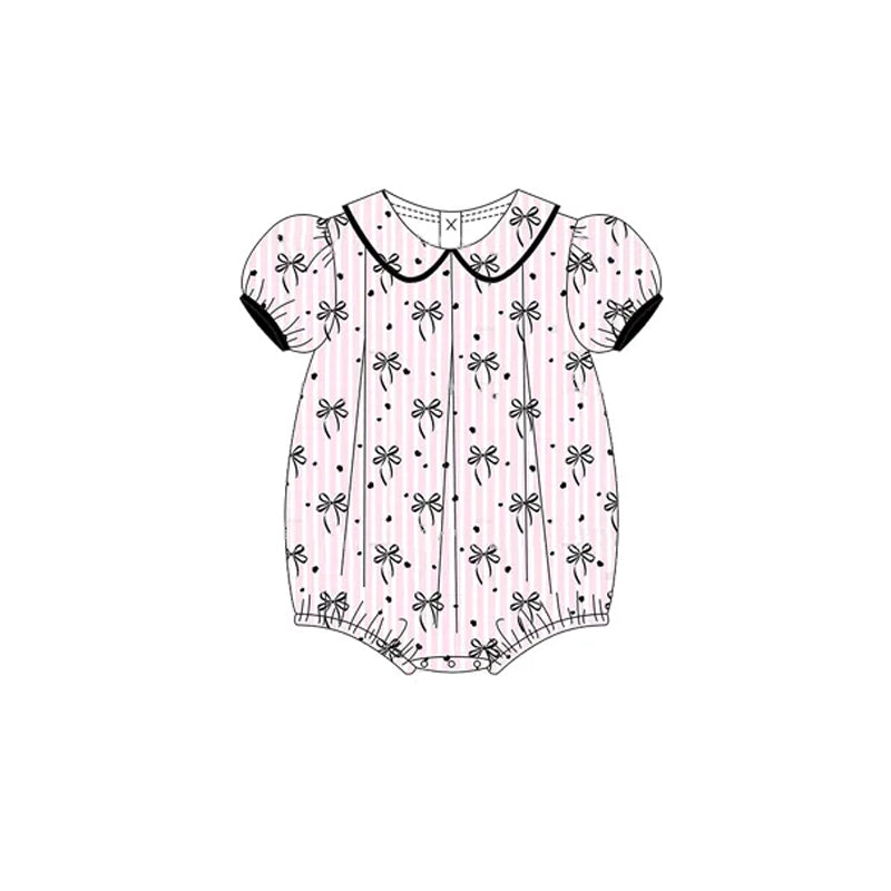 Preorder Baby Girl Infant Short Sleeves Pink Stripes Black Bows Bubble Romper ( Moq 5 )