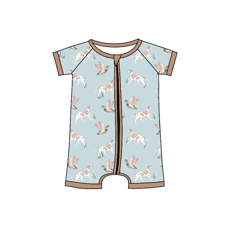 Preorder Baby Boy Infant Short Sleeves Dogs Ducks Ruffle Hunting Zipper Romper ( Moq 5 )