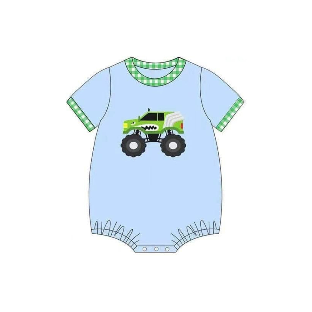 Preorder Baby Boy Infant Short Sleeves Truck Blue Bubble Romper ( Moq 5 )
