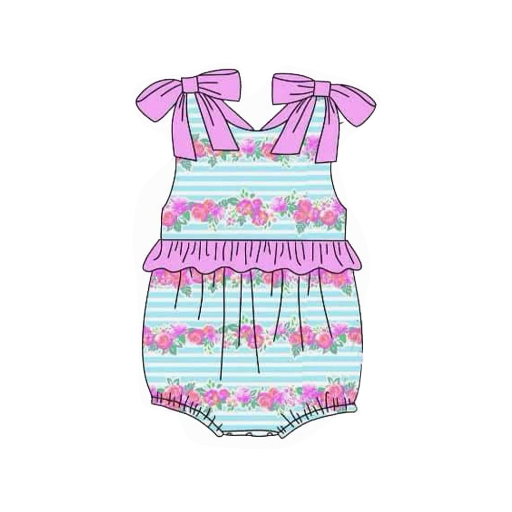 Preorder Baby Girl Infant Pink Straps Floral Stripes Ruffle Bubble Romper ( Moq 5 )