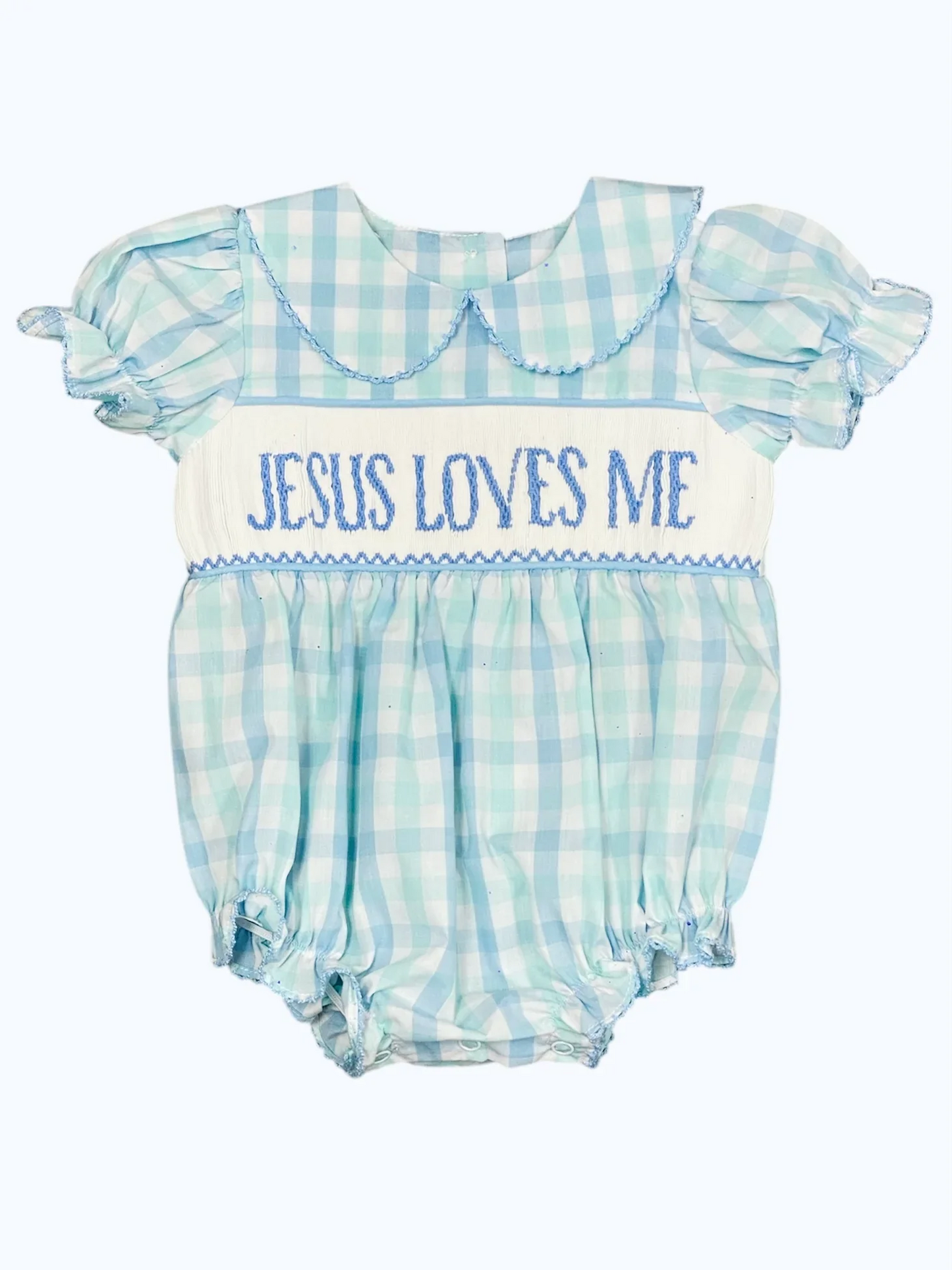 Preorder Baby Girl Infant Short Sleeves JESUS LOVES ME Blue Plaid Bubble Rompers  ( Moq 5 )