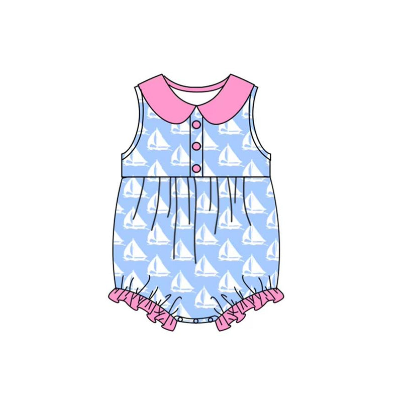Preorder Baby Girl Infant Sleeveless Boats Buttons Blue Bubble Romper ( Moq 5 )