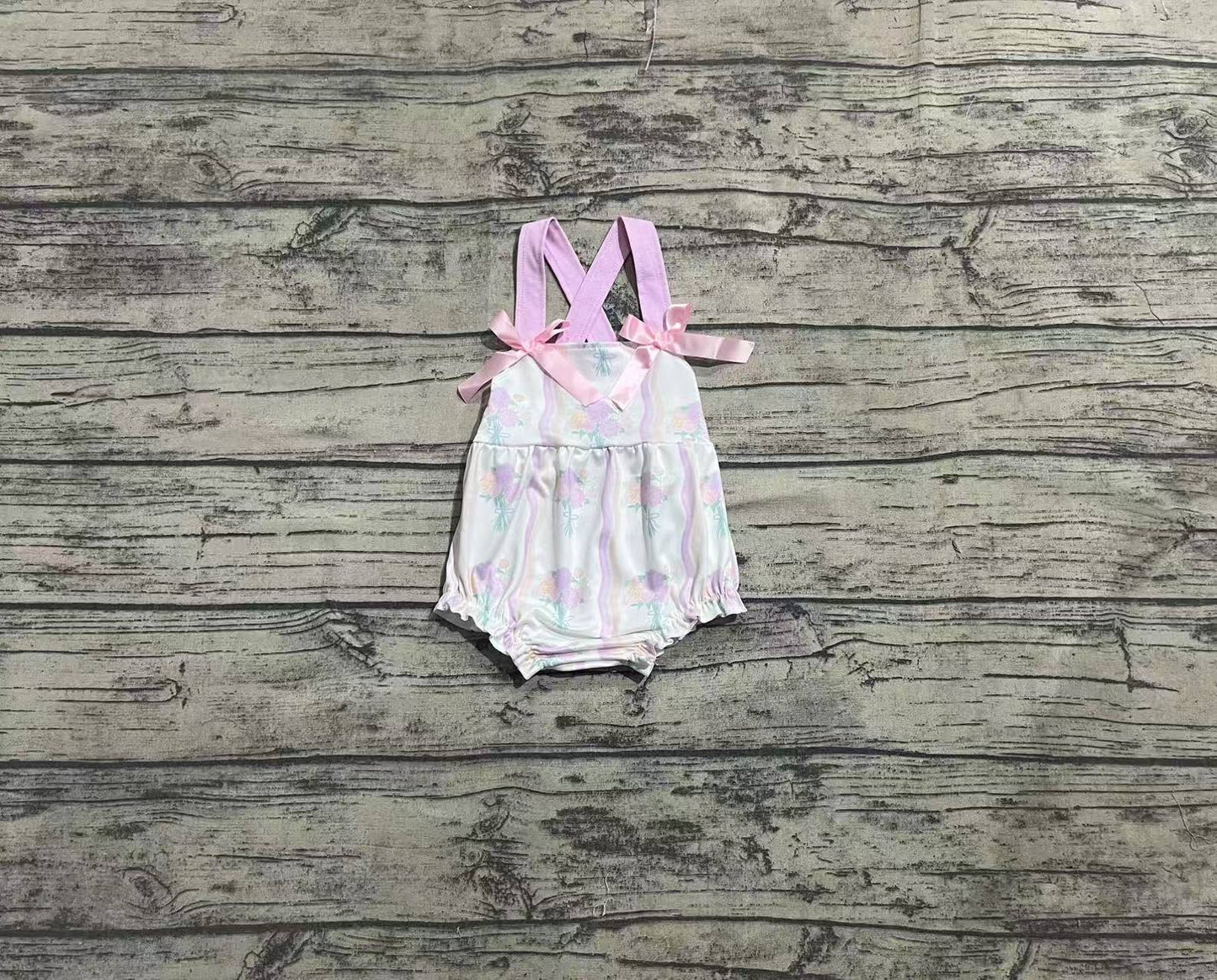 Baby Girl Infant Purple Bows Straps Flower Bubble Romper RTS