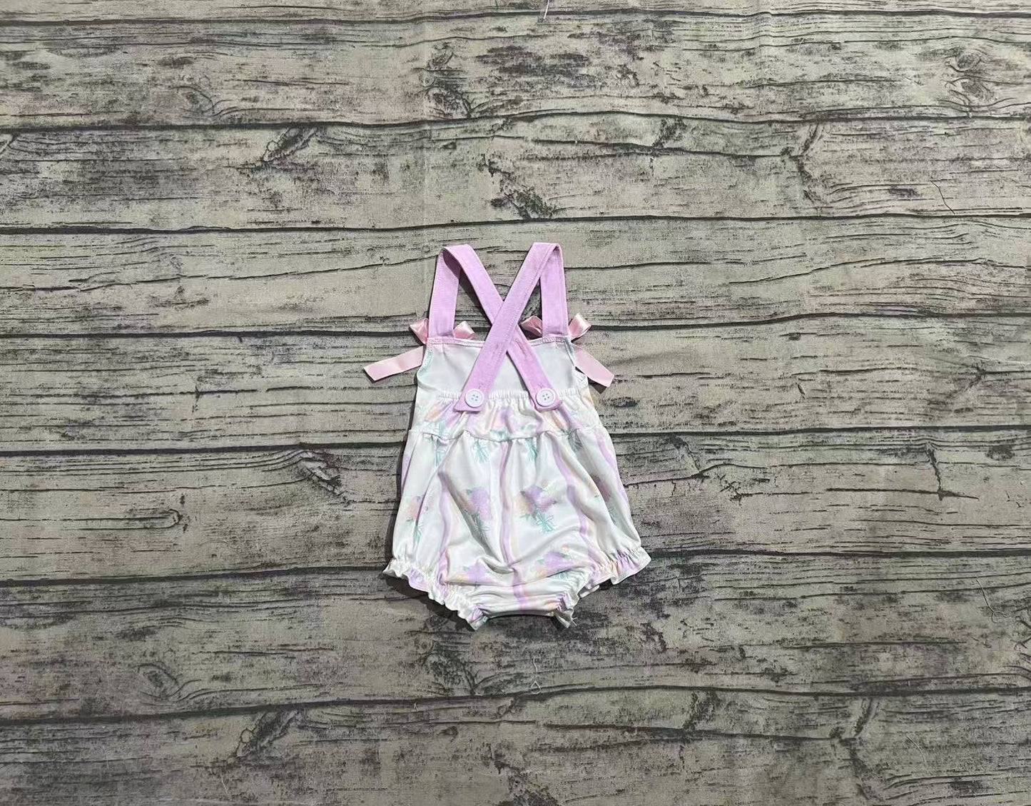 Baby Girl Infant Purple Bows Straps Flower Bubble Romper RTS
