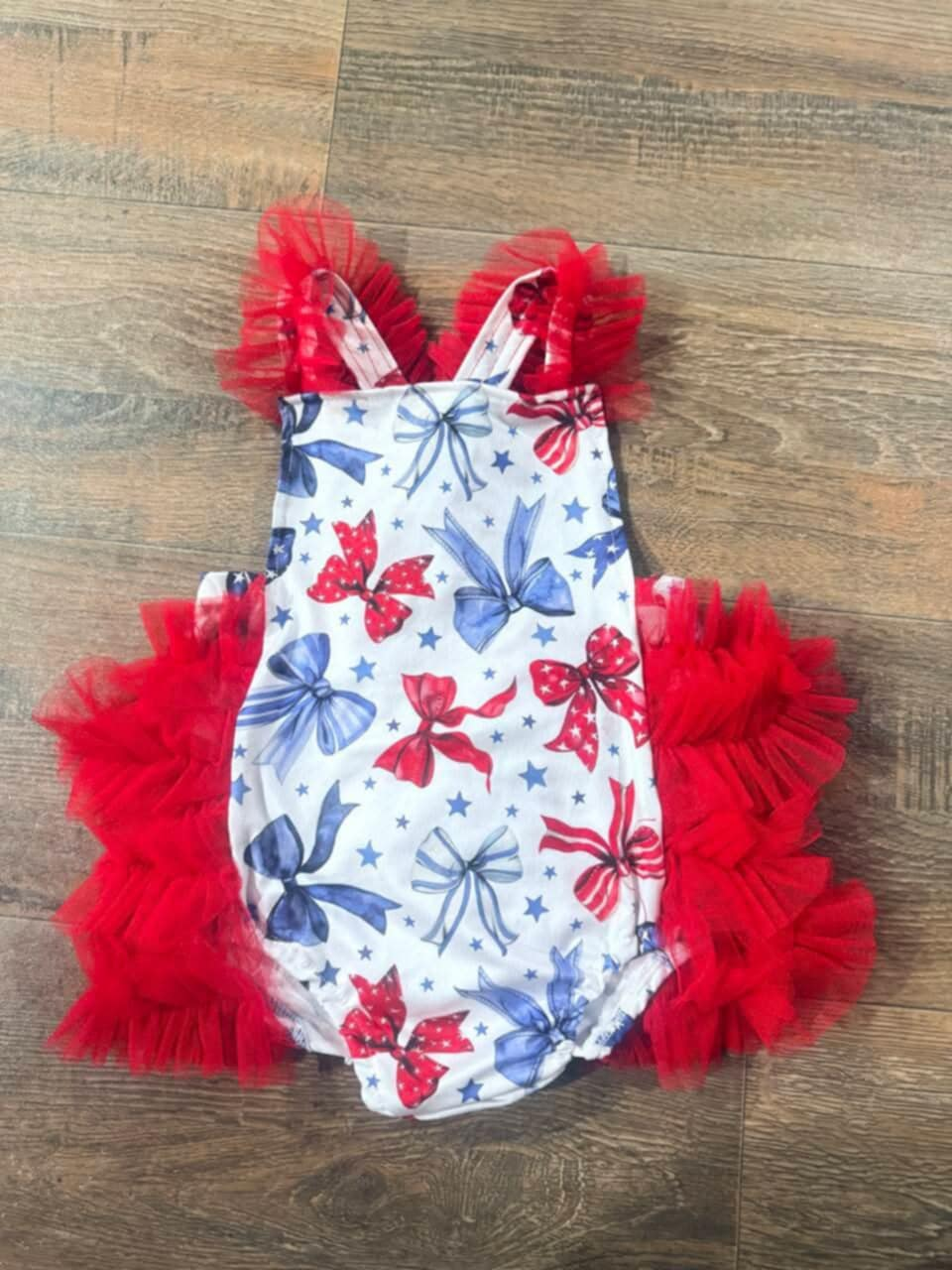 Preorder Baby Girl Infant 4th Of July Bows Stars Ruffle Red Tulle Romper ( Moq 5 )