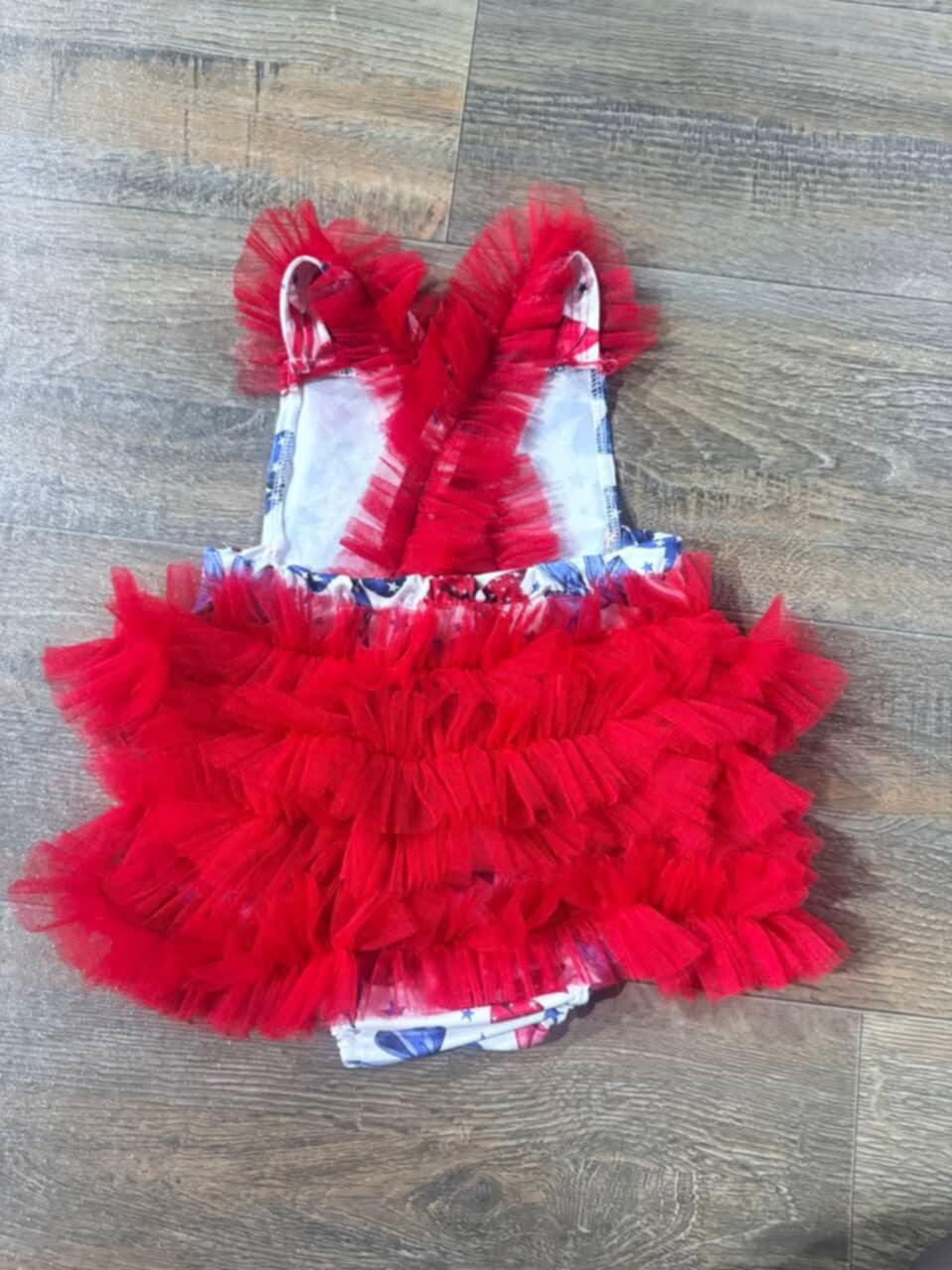 Preorder Baby Girl Infant 4th Of July Bows Stars Ruffle Red Tulle Romper ( Moq 5 )