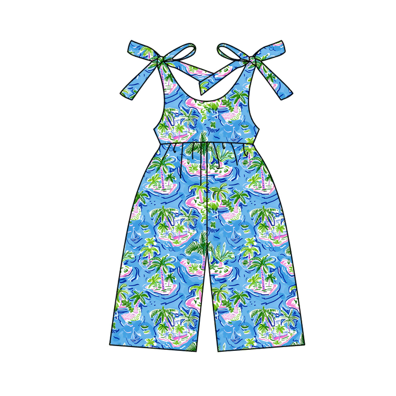 Preorder Baby Girl Bows Straps Beach Blue Pants Jumpsuit ( Moq 5 )