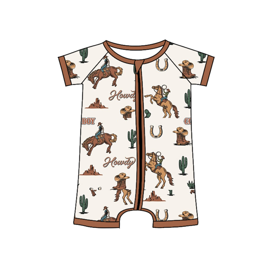 Preorder Baby Boy Short Sleeves Western Howdy Rodeo Zipper Romper ( Moq 5 )