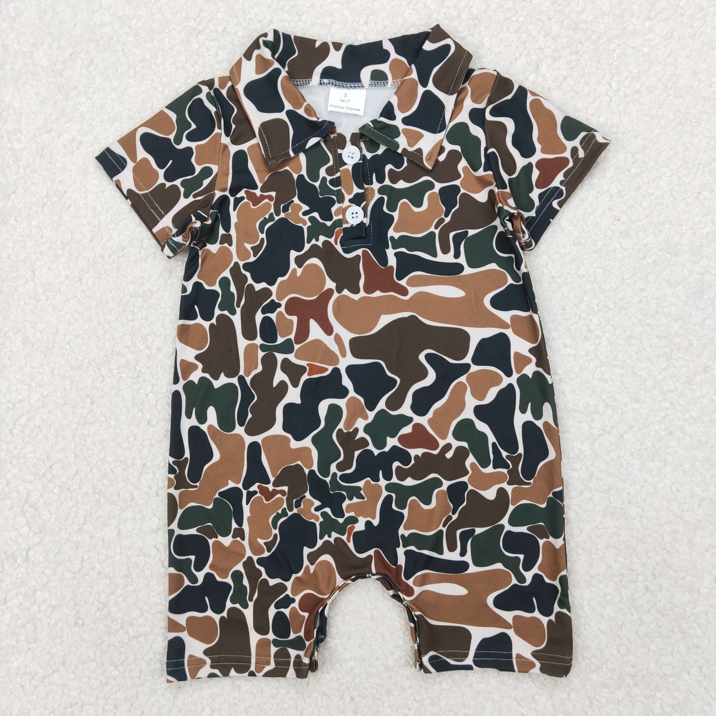 Baby Boy Short Sleeves Dark Brown Camo Buttons Shirt Sibling Tops Romper RTS