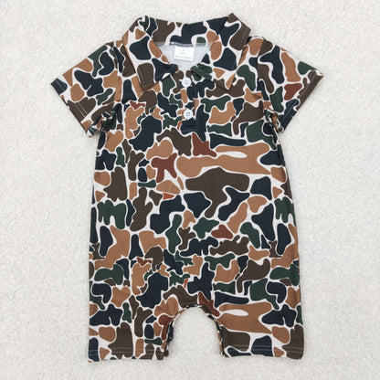 Baby Boy Short Sleeves Dark Brown Camo Buttons Shirt Sibling Tops Romper RTS