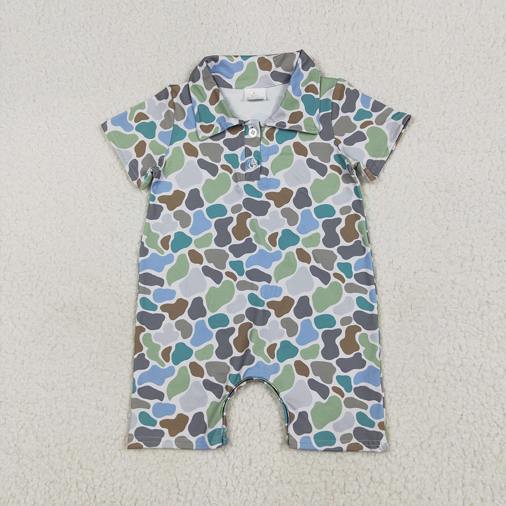 Baby Boy Infant Short Sleeves Camo Buttons Sibling Summer Romper RTS