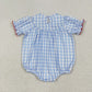 Sibling Baby Girl Short Sleeves Embroidery Farm Animals Smocked Blue Plaid Sibling Romper Dress Clothes RTS