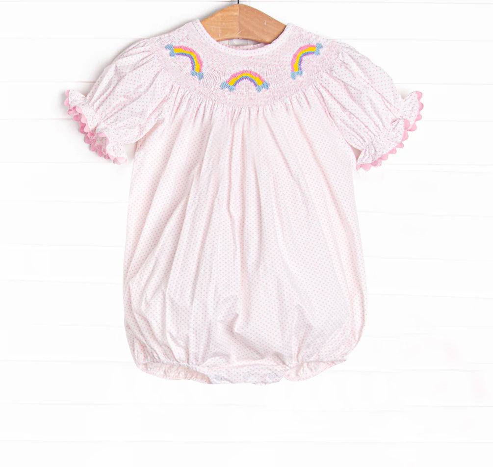 Preorder Baby Girl Short Sleeves Rainbow Dots Pink Bubble Romper  ( Moq 5 )