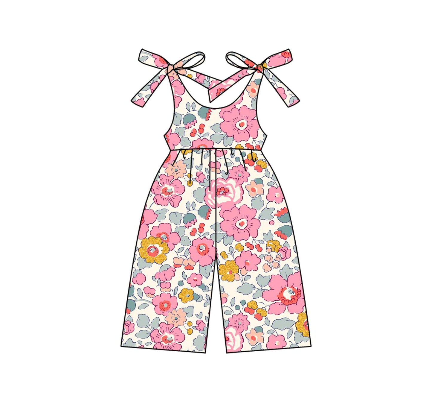 Preorder Baby Girl Toddler Bows Straps Pink Flower Jumpsuit ( Moq 5 )