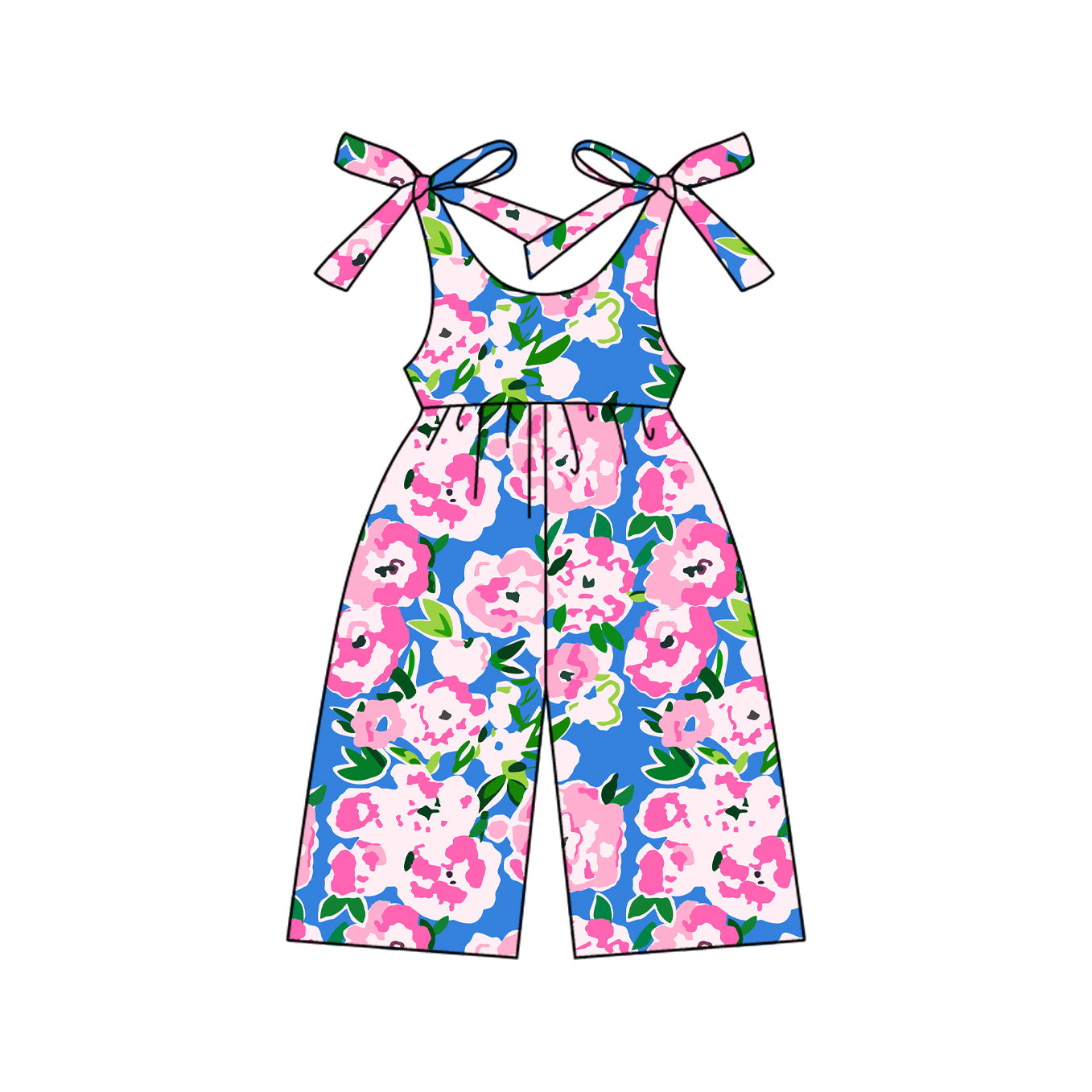 Preorder Baby Girl Toddler Bows Straps Pink Flower Blue Jumpsuit ( Moq 5 )