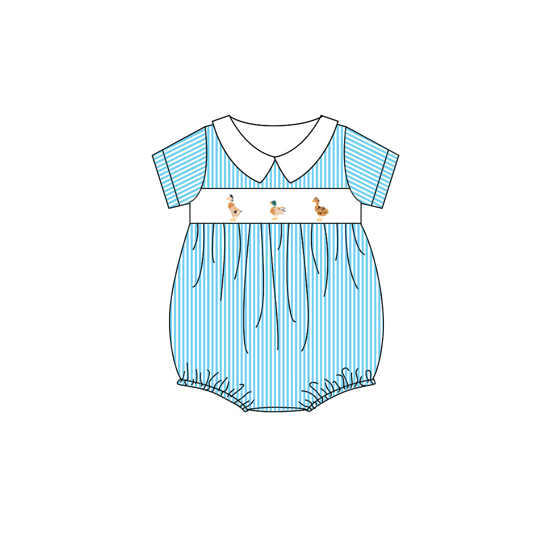 Preorder Baby Girl Infant Short Sleeves Blue Stripes Ducks Bubble Romper ( Moq 5 )
