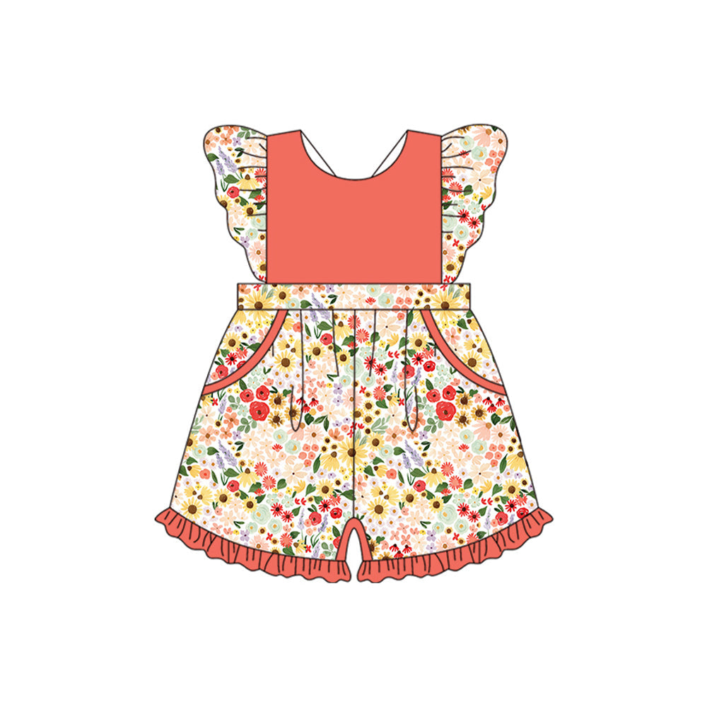 Preorder Baby Girl Short Sleeves Orange Flower Pockets Jumpsuit ( Moq 5 )