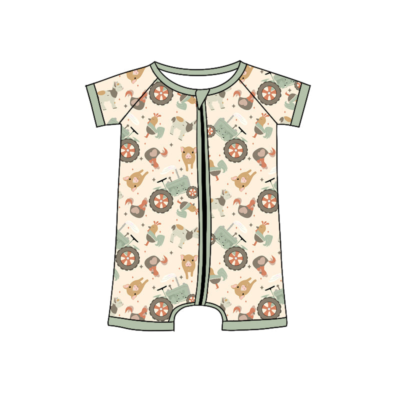 Preorder Baby Boy Infant Short Sleeves Farm Animals Tractors Zipper Romper ( Moq 5 )