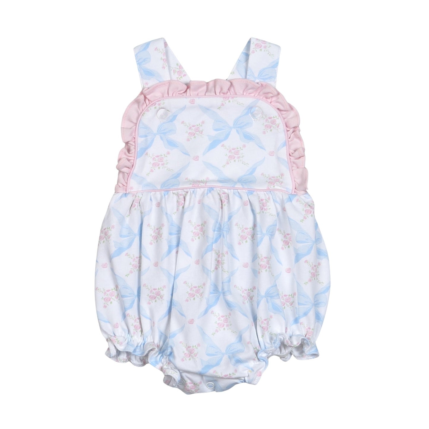 Preorder Baby Girl Straps Blue Bows Floral Ruffle Bubble Romper ( Moq 5 )