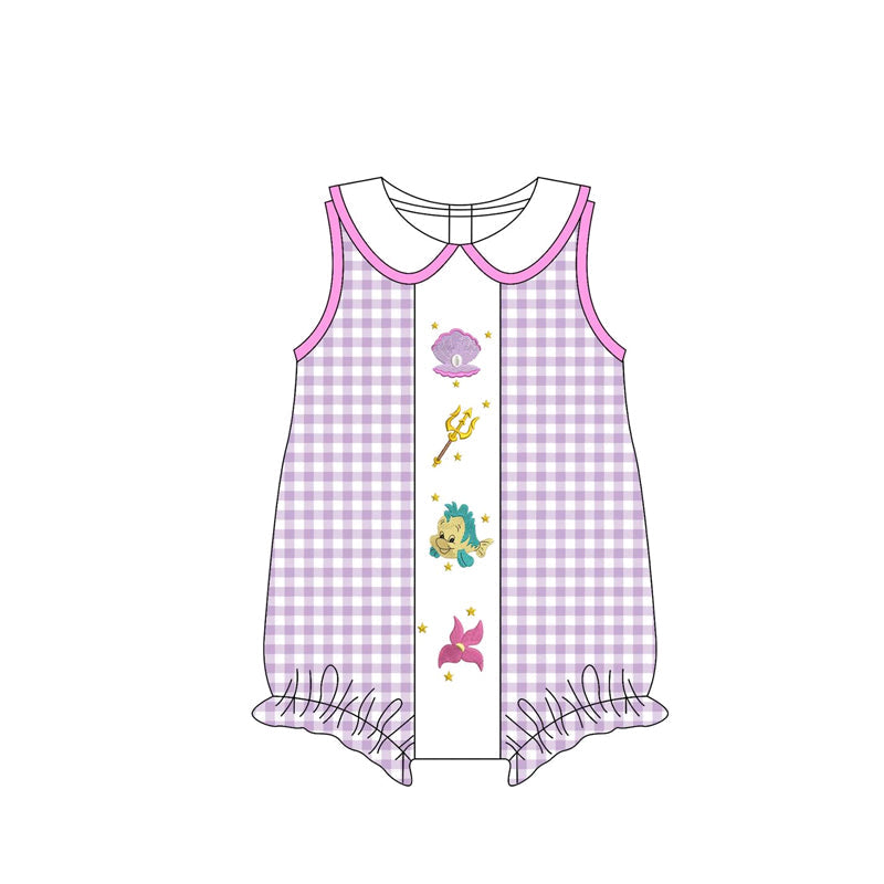 Preorder Baby Girl Sleeveless Purple Plaid Princess Fish Bubble Romper ( Moq 5 )