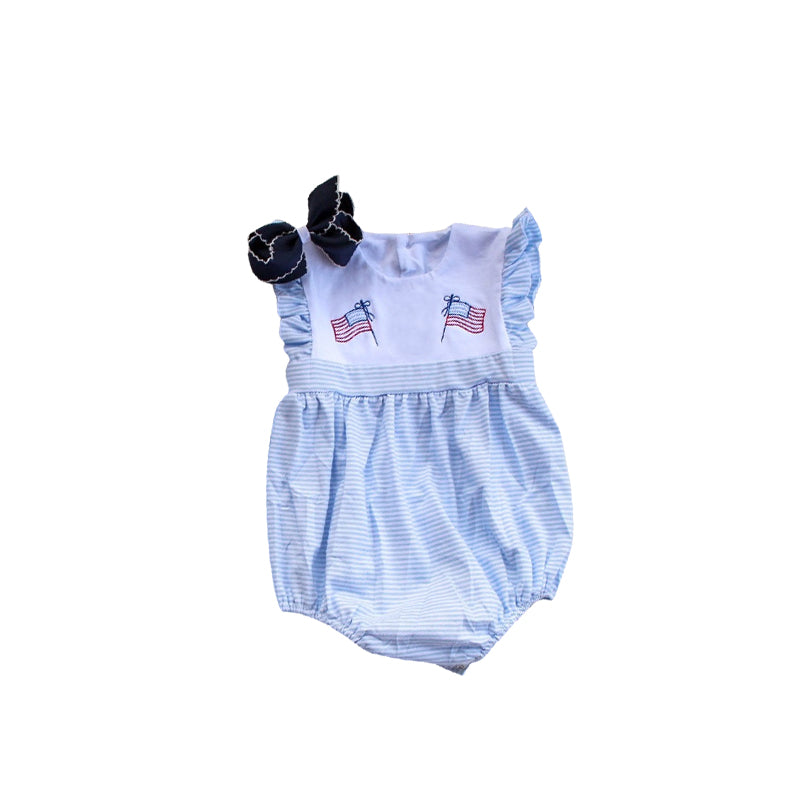 Preorder Baby Girl Blue Stripes Short Sleeves Flags 4th Of July Bubble Romper ( Moq 5 )