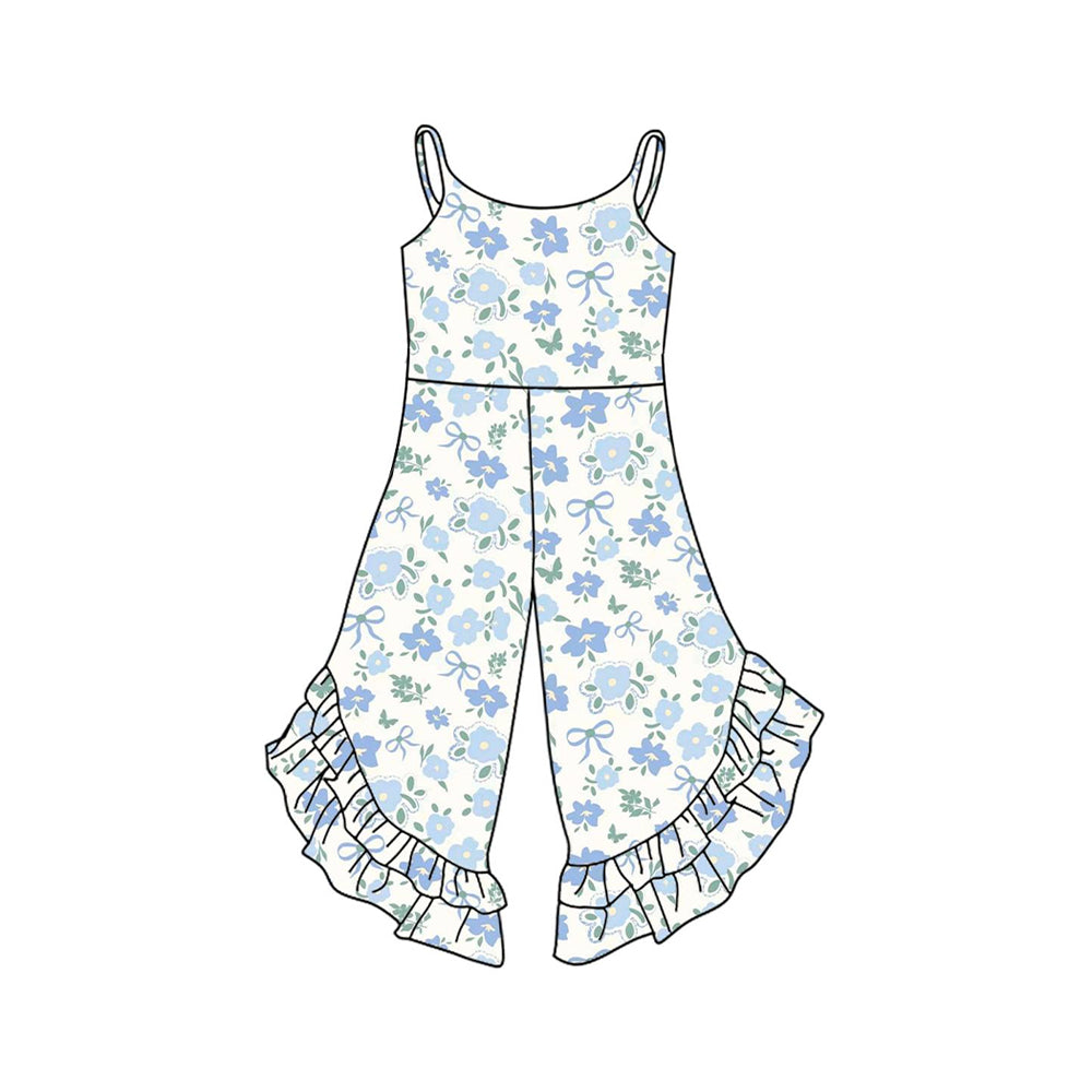 Preorder Baby Girl Straps Blue Flower Bows Ruffle Jumpsuit ( Moq 5 )