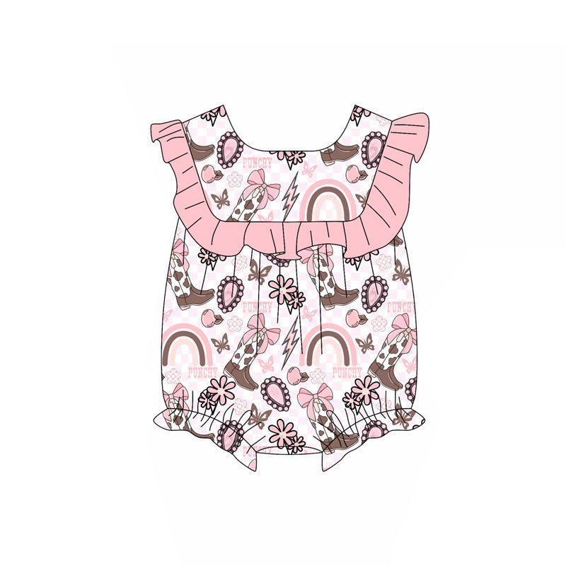 Preorder Baby Girl Western Bows Boots Rainbow Ruffle Bubble Romper ( Moq 5 )