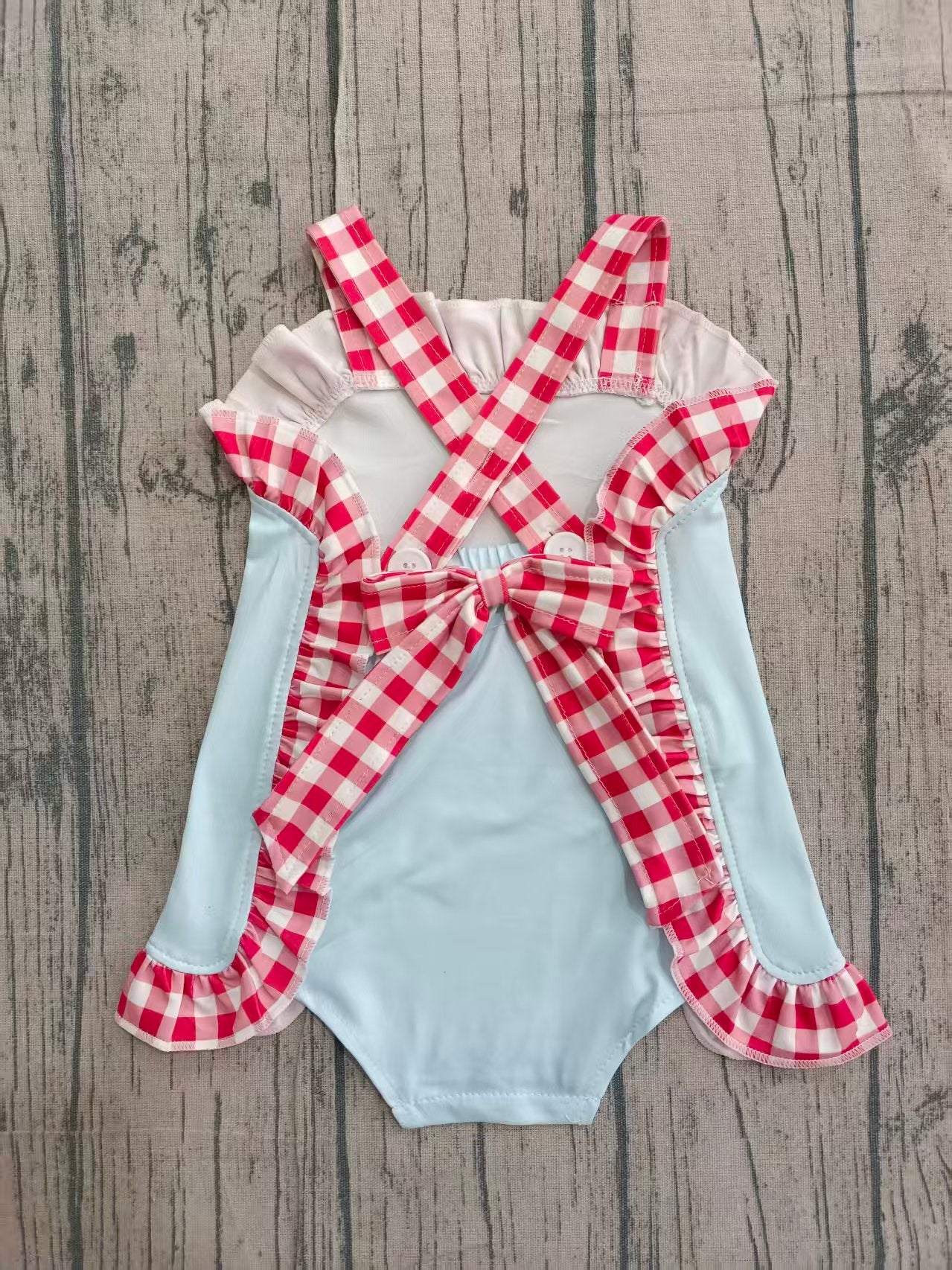 ( No moq ) Preorder Baby Girl Straps Red Plaid Bow Bubble Summer Romper