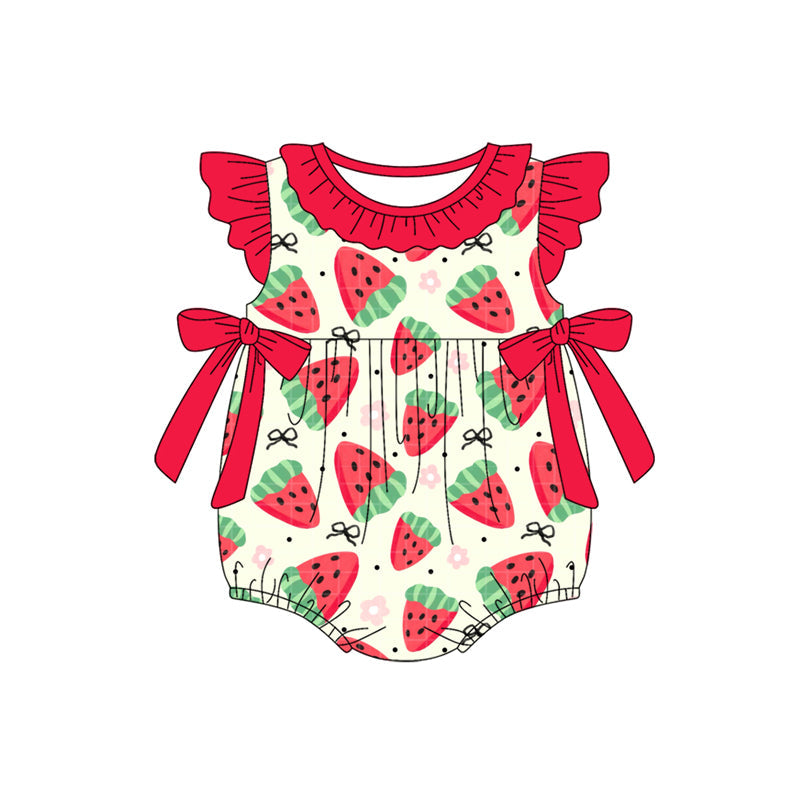 Preorder Baby Girl Short Sleeves Red Bows Strawberry Bubble Romper ( Moq 5 )