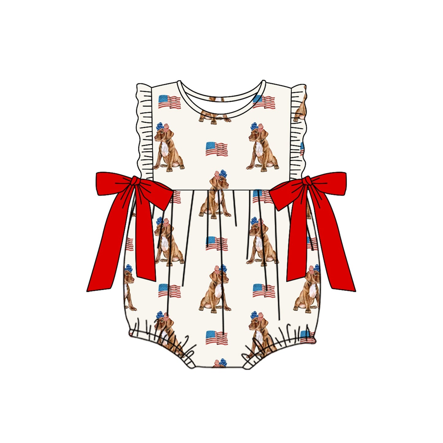 Preorder Baby Girl Sleeveless 4th Of July Flags Dogs Bows Bubble Romper ( Moq 5 )