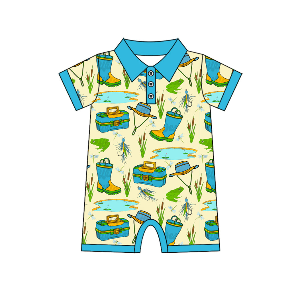 Preorder Baby Boy Short Sleeves Fishing Buttons Romper ( Moq 5 )