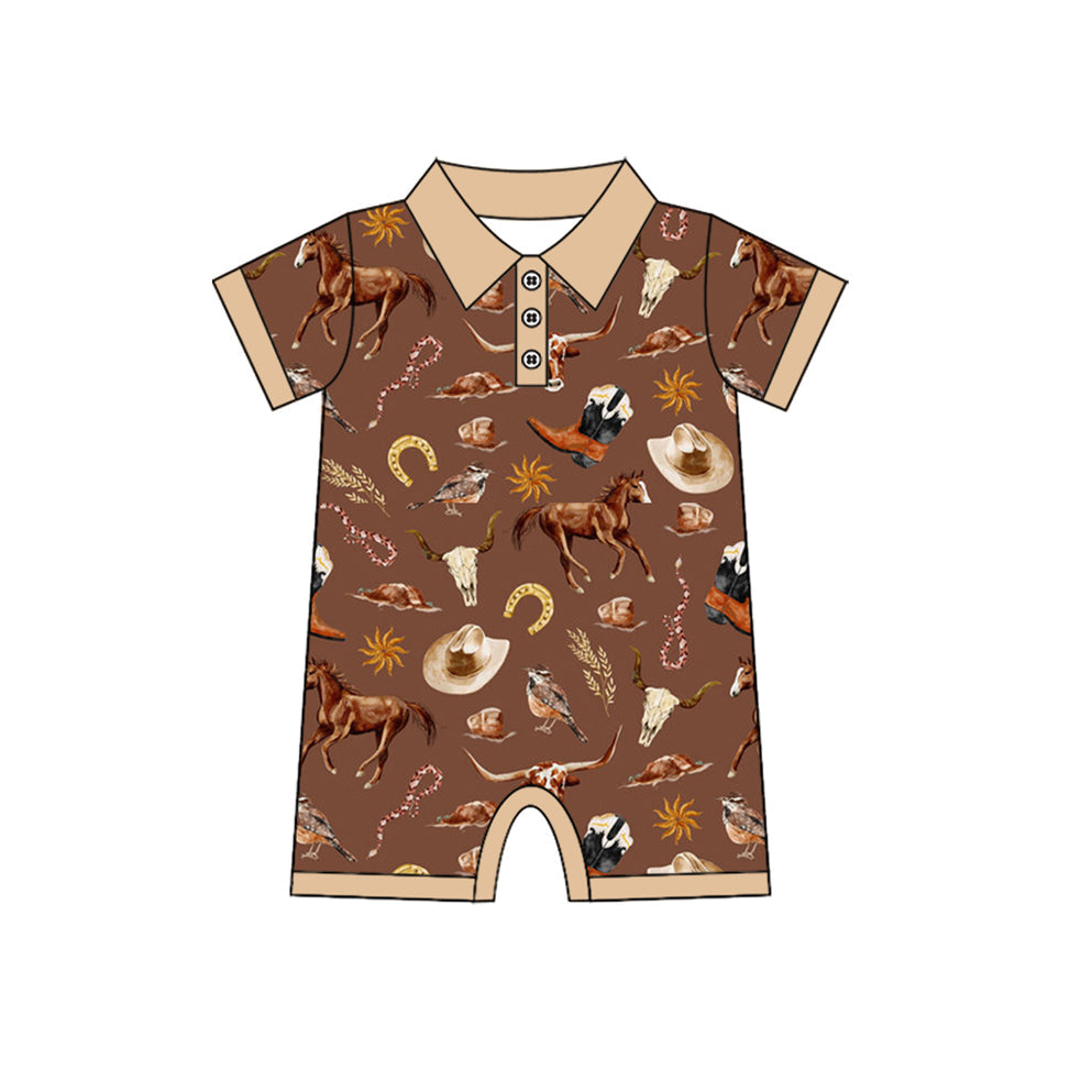 Preorder Baby Boy Brown Short Sleeves Western Boots Horses Button Romper ( Moq 5 )