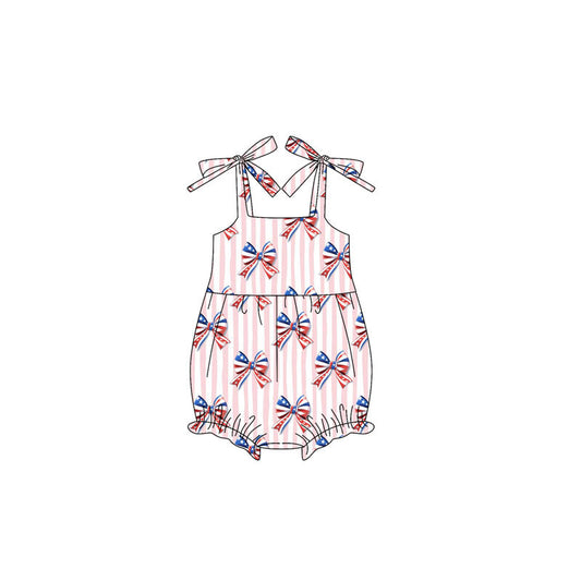 Preorder Baby Girl Straps Stripes Bows 4th Of July Bubble Romper ( Moq 5 )