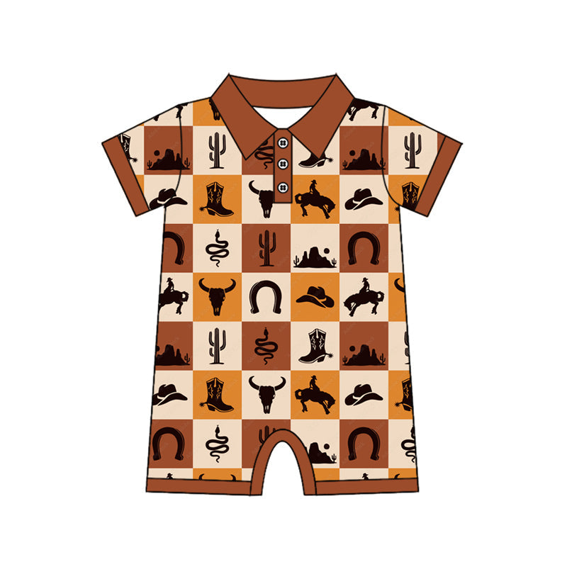 Preorder Baby Boy Infant Short Sleeves Western Cow Boots Buttons Romper ( Moq 5 )