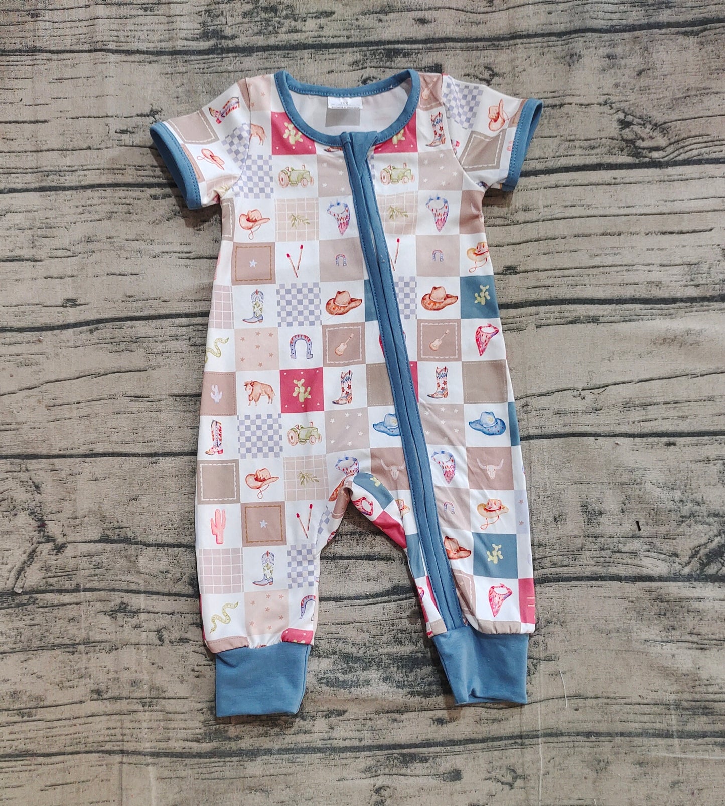 Baby Boy Infant Short Sleeves Western Boots Cactus Zipper Romper RTS