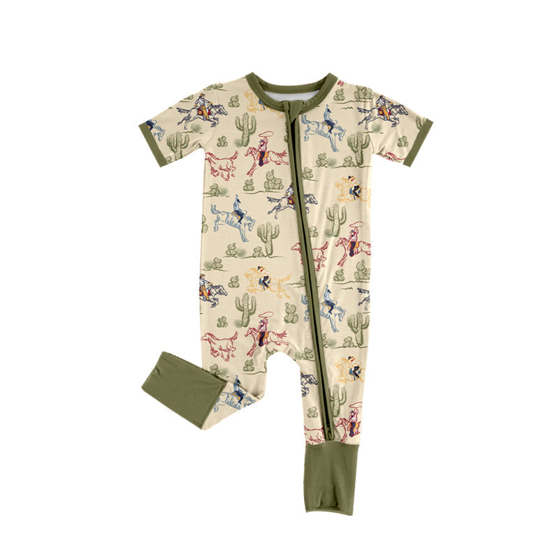 Preorder Baby Boy Infant Short Sleeves Cactus Rodeo Zipper Western Romper（ Moq 5 ）