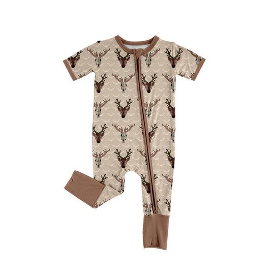 ( Moq 5 ) Preorder Baby Infant Boy Brown Short Sleeves Deer Zipper Pant Romper