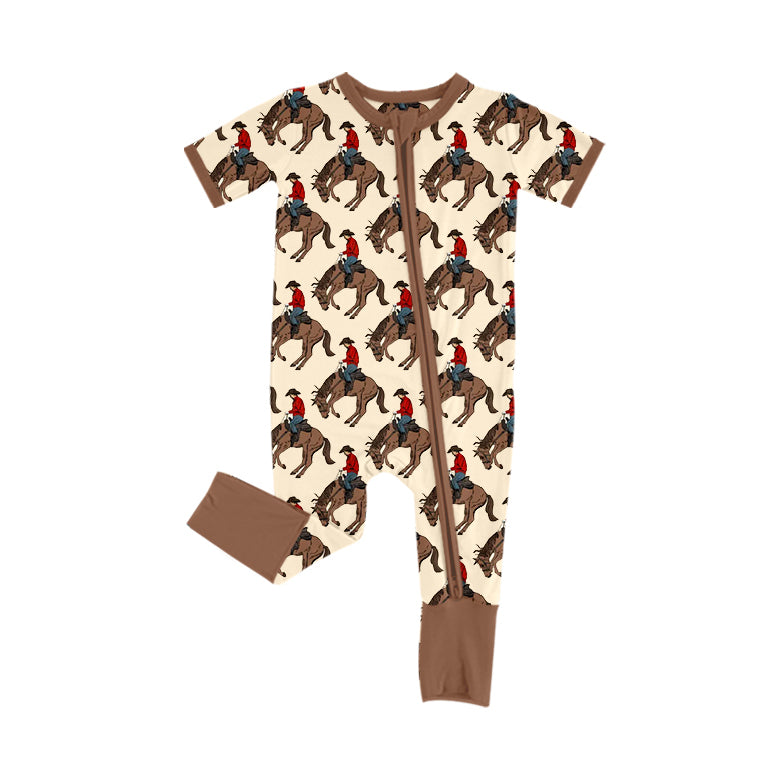 ( Moq 5 ) Preorder Baby Infant Boy Brown Short Sleeves Horse Rodeos Zipper Pant Romper