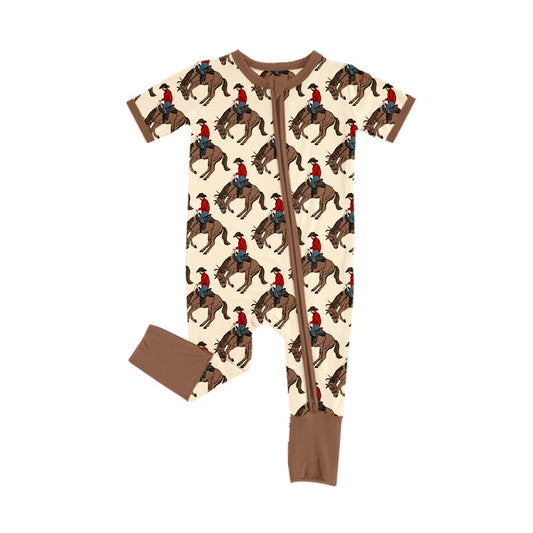 ( Moq 5 ) Preorder Baby Infant Boy Brown Short Sleeves Horse Rodeos Zipper Pant Romper