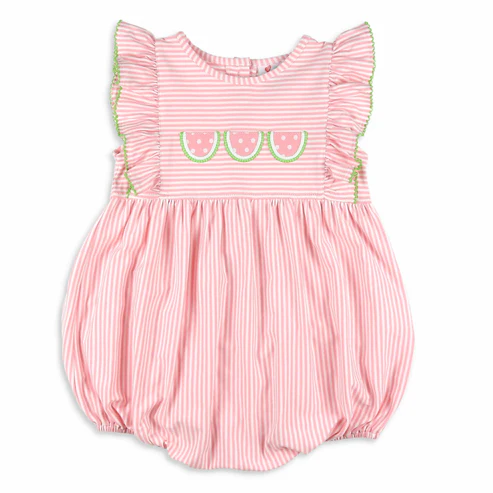 ( Moq 5 ) Preorder Baby Infant Girl Pink Stripes Short Sleeves Watermelons Bubble Romper