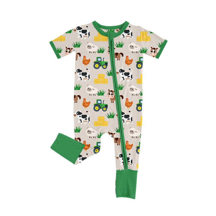 ( Moq 5 ) Preorder Baby Infant Boy Short Sleeves Chicks Ships Zipper Farm Romper