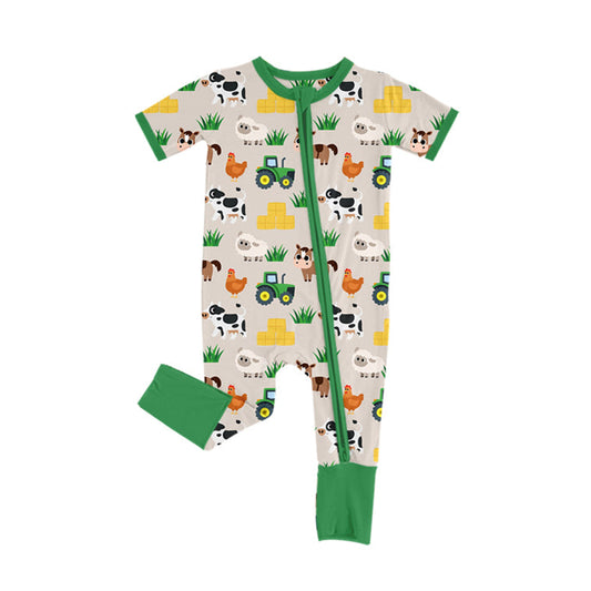 ( Moq 5 ) Preorder Baby Infant Boy Short Sleeves Chicks Ships Zipper Farm Romper