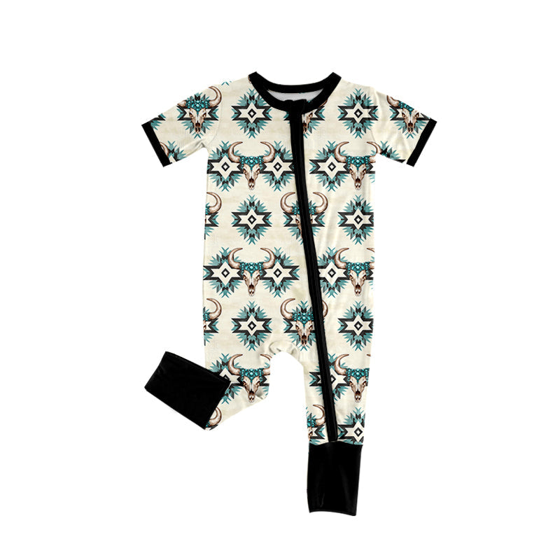 ( Moq 5 ) Preorder Baby Boy Short Sleeves Western Aztec Cow Zipper Romper