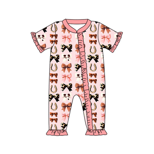 ( Moq 5 ) Preorder Baby Girl Short Sleeves Bows Western Ruffle Zipper Romper