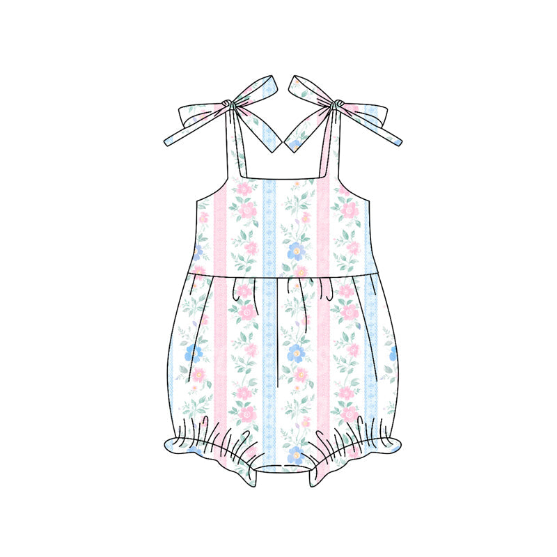 ( Moq 5 ) Preorder Baby Girl Straps Flower Stripes Ruffle Bubble Romper