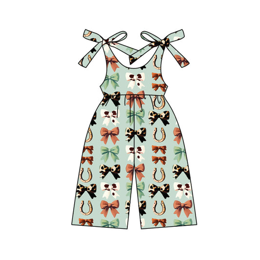 ( Moq 5 ) Preorder Baby Girl Straps Western Bows Pants Green Jumpsuit
