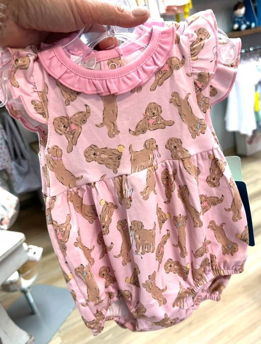 ( Moq 5 ) Preorder Baby Girl Short Sleeves Dogs Pink Ruffle Bubble Romper