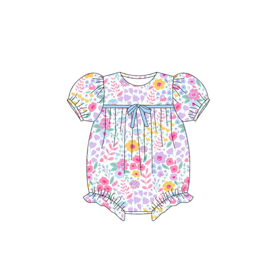 ( Moq 5 ) Preorder Baby Girl Short Sleeves Colorful Floral Bow Bubble Romper
