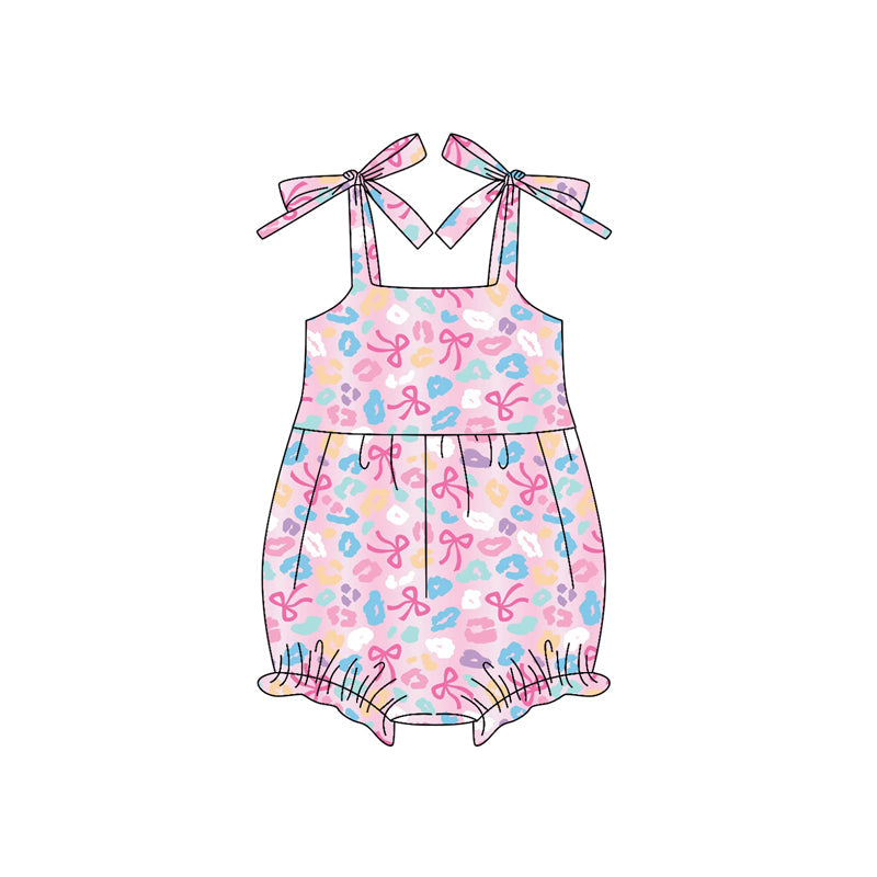 ( Moq 5 ) Preorder Baby Girl Straps Colorful Bows Leopard Bubble Romper