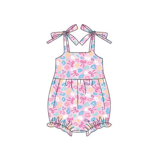 ( Moq 5 ) Preorder Baby Girl Straps Colorful Bows Leopard Bubble Romper